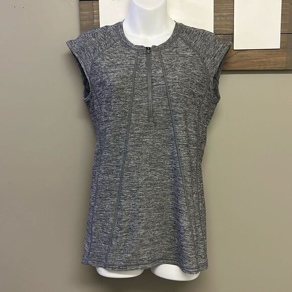 Athleta Heather Gray Capped Sleeve 1/2 Zip Pullover Shirt with Pleating- Medoum - Picture 1 of 14